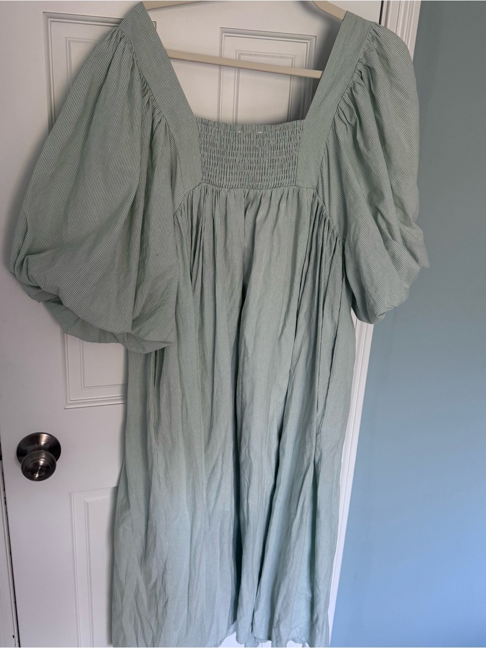 Mable Puff Sleeve Square Neck Midi Dress in Sage Green stripe small - Picture 6 of 7